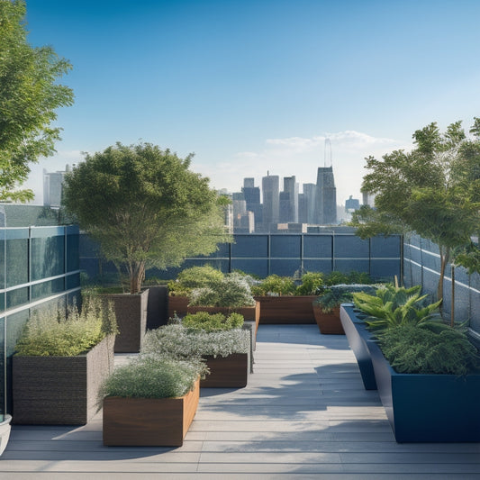 A serene rooftop garden with lush greenery cascading from wooden planters, interspersed with modern metal trellises, and a few potted trees, set against a bright blue cityscape backdrop with fluffy white clouds.