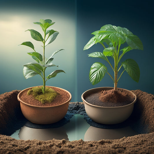 An illustration of two identical potted plants, one with waterlogged soil and roots rotting, the other with well-draining soil and healthy roots, surrounded by a subtle background of water droplets and greenery.