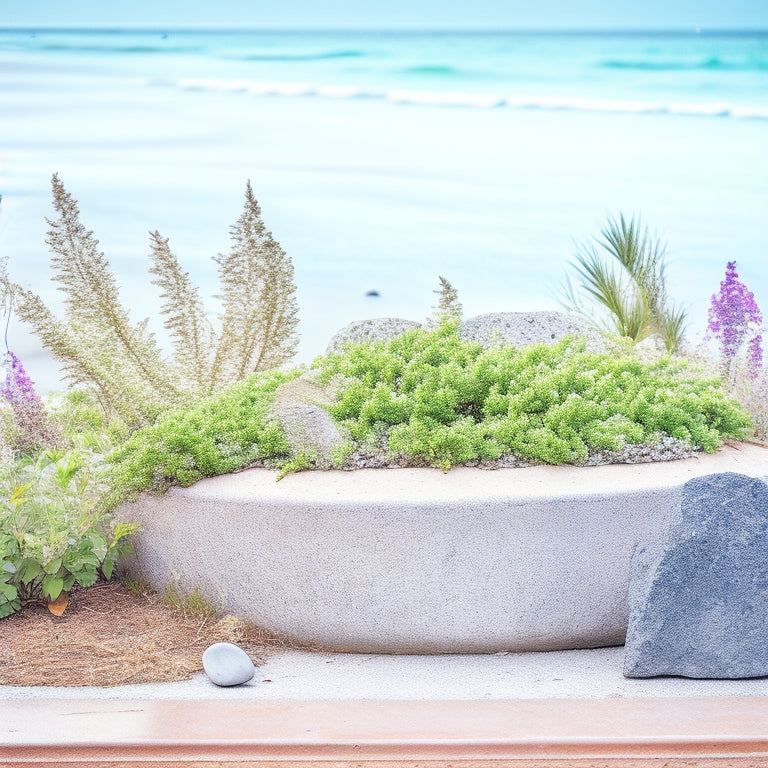 A serene coastal garden scene featuring a large, weathered concrete planter overflowing with lush greenery and vibrant beach flowers, set against a backdrop of driftwood and ocean-worn stones.