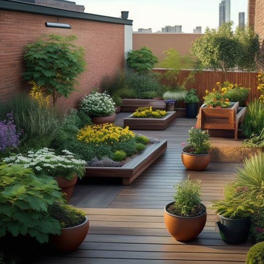 Illustrate a serene rooftop garden with a mix of lush greenery, vibrant flowers, and sleek wooden planters, featuring a mulching system with neatly arranged wood chips and a meandering stone path.