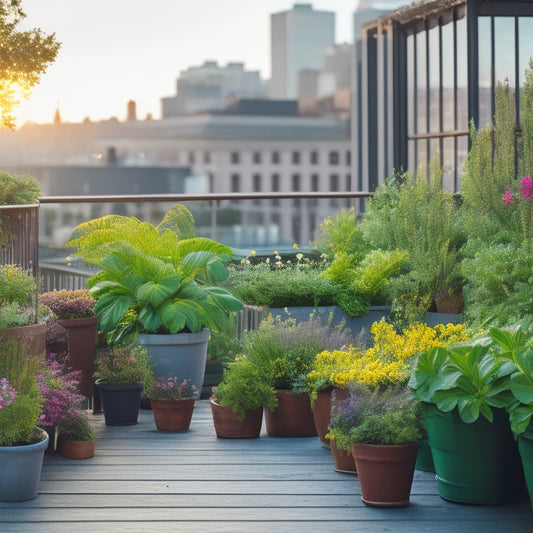 A lush, thriving rooftop garden with a mix of colorful flowers, leafy greens, and herbs in small pots and planters, surrounded by a wooden railing and overlooking a cityscape.