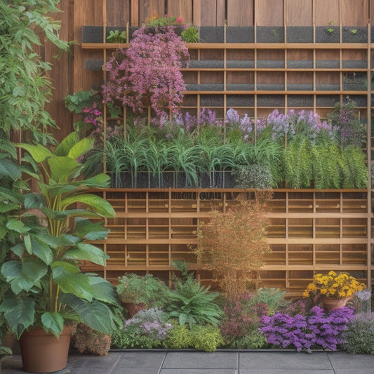 A colorful, layered illustration of a thriving vertical garden, with lush green plants, vibrant flowers, and a subtle, integrated composting system featuring wooden slats, mesh pockets, and a winding trellis.