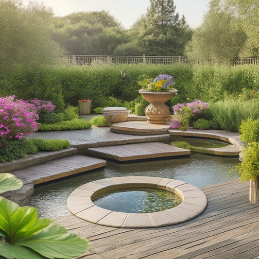 A serene rooftop oasis featuring a compact, circular pond surrounded by lush greenery, colorful blooms, and natural stone pavers, with a minimalist wooden bench and a few lanterns under a sunny sky.