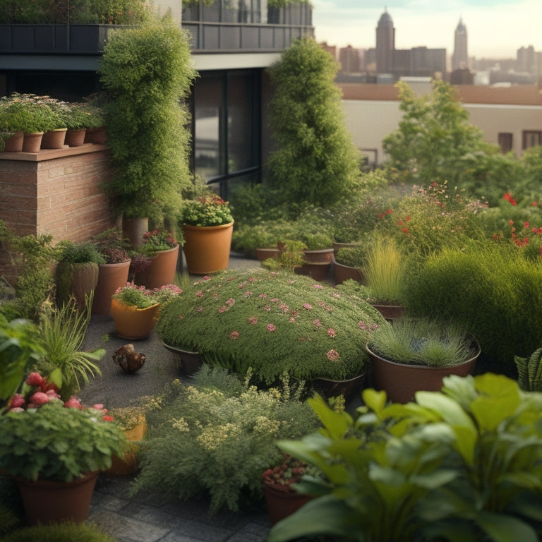 An illustration of a lush rooftop garden with a variety of thriving plants, featuring a few subtle hints of natural pest control methods, such as ladybugs, birds, and toads, amidst the greenery.