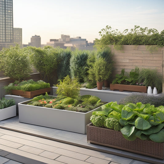 A serene rooftop garden scene with lush green vegetables and herbs thriving in modern, sleek, and white mold-resistant planters with built-in drainage systems and subtle trellis details.