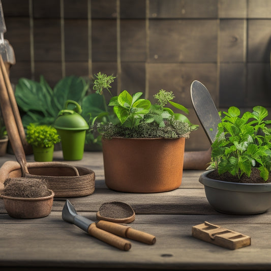 A rustic, wooden table holds a cinder block, surrounded by various gardening tools like a trowel, gloves, and a watering can, with a few sprouting plants in the background.