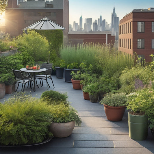A serene rooftop garden scene with lush greenery, vibrant flowers, and a few beneficial insects like ladybugs and bees, surrounded by subtle hints of organic pest control methods, such as neem oil bottles and copper tape borders.