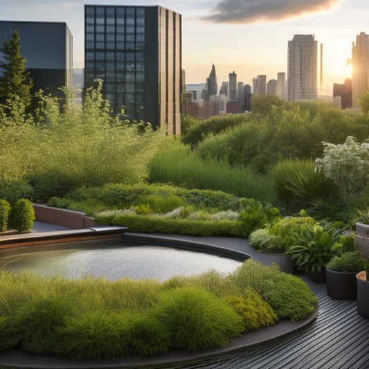 A serene rooftop garden with lush greenery, vibrant flowers, and a small pond, surrounded by a bustling cityscape, with a subtle hint of a smart irrigation system in the background.