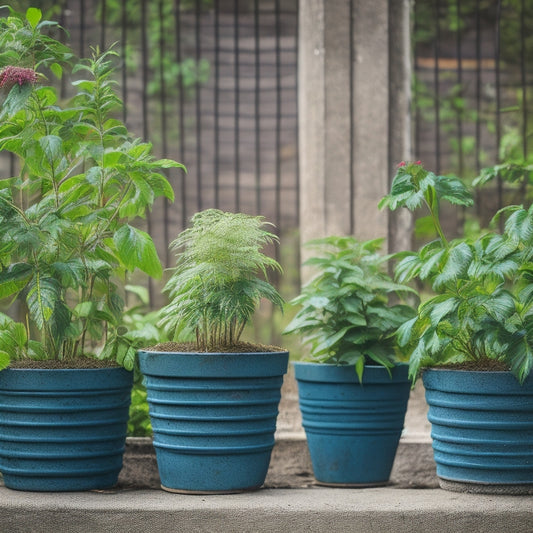 An image depicting a row of sturdy, weathered cinder block planters, filled with lush greenery, secured with ropes and metal stakes, standing firm against a blurred, windy background with flying leaves.