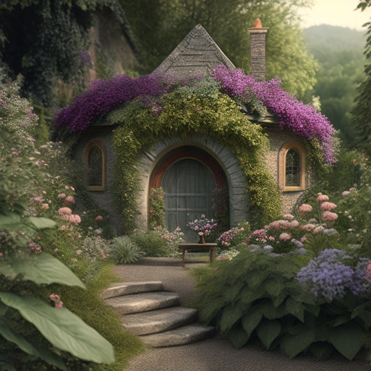 A whimsical illustration of a steeply pitched roof, overgrown with lush greenery, vines, and colorful flowers, featuring a winding stone pathway and a petite wooden bench amidst the foliage.