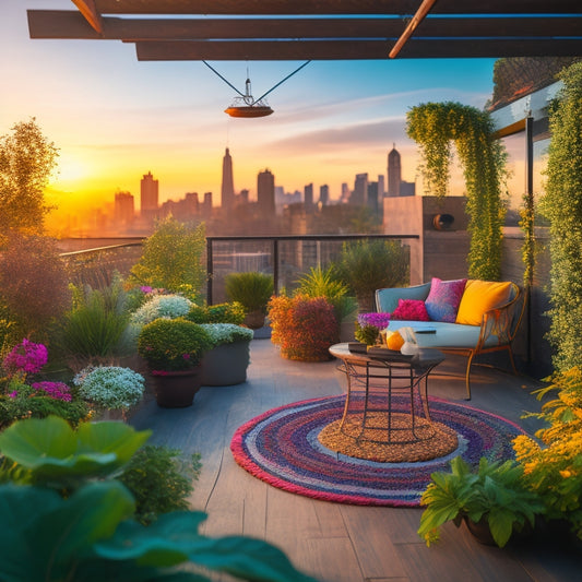 A serene rooftop garden scene with lush greenery, colorful blooms, and a mix of seating areas, including a hammock, a pergola, and a dining set, amidst a backdrop of a cityscape at sunset.