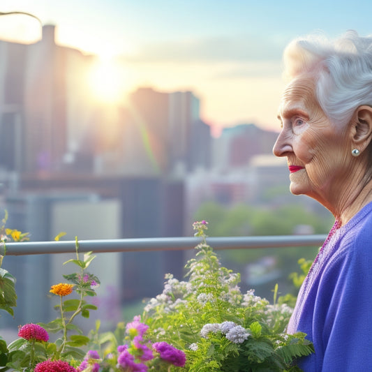 An serene elderly woman, surrounded by lush greenery and vibrant flowers, gently tends to a rooftop garden, with a cityscape softly blurred in the background.