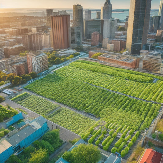 An overhead view of a thriving rooftop farm with lush, vibrant greenery, showcasing a variety of vertically-stacked crops, including leafy lettuces, cherry tomatoes, and herbs, amidst a modern urban skyline.