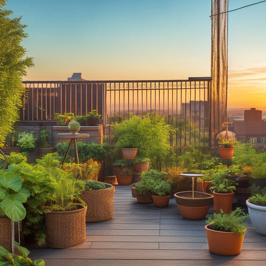 A serene rooftop garden scene at sunset: lush green vegetables and herbs thrive in wooden planters, surrounded by a trellis, wind chimes, and a few comfortable outdoor chairs.