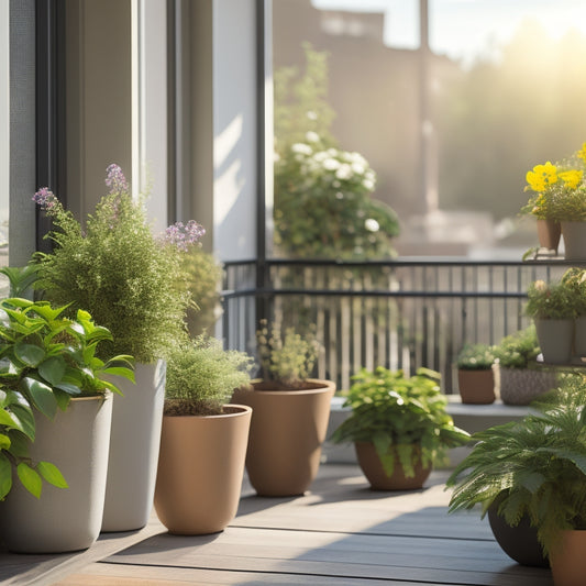 A serene balcony scene featuring a mix of modern planters in varying shapes, sizes, and materials, overflowing with lush greenery and vibrant flowers, against a soft, sunny background.