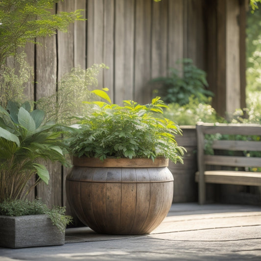 A serene outdoor setting with a large, weathered wooden planter in the foreground, surrounded by lush greenery, with a subtle sheen suggesting a protective sealer, set against a blurred background of a sunny garden.