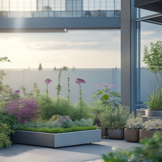 A serene rooftop garden scene with lush greenery, vibrant flowers, and a subtle mist effect, featuring a sleek, modern rooftop structure with a visible weight calculation diagram in the foreground.