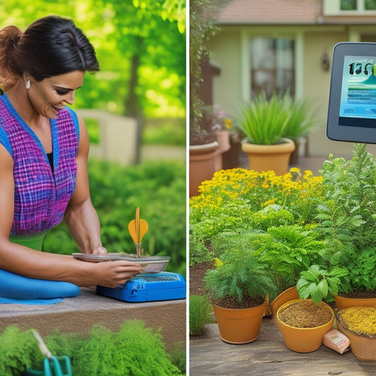 A split-screen image featuring a person holding a small potted plant on the left, with a lush, thriving garden in the background, and a digital tablet with a weight calculator app open on the right, surrounded by gardening tools.