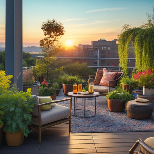 A serene rooftop garden scene at sunset, with lush greenery, colorful flowers, and a few comfortable outdoor chairs, featuring a wireless controller casually placed on a small wooden side table.