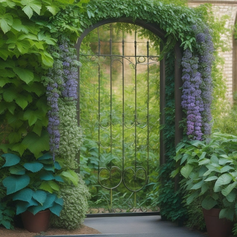 An image depicting a lush, thriving vertical garden with vines of varying species, such as clematis, wisteria, and ivy, artfully trained around a trellis or arbor, with tendrils curling around metal supports.