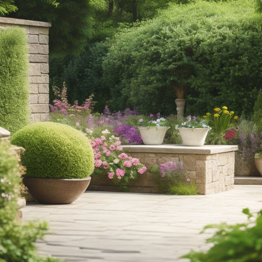 A serene outdoor setting with a few large concrete blocks of varying sizes, each overflowing with lush greenery, colorful flowers, and trailing vines, amidst a natural stone pavement and surrounding green grass.