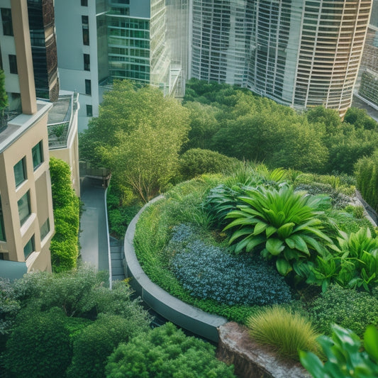 An aerial view of a cityscape with a lush, verdant rooftop garden on a modern building, complete with diverse plant species, winding paths, and a serene atmosphere.