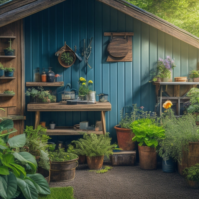 A tidy garden shed with a pruner, cultivator, and watering can, arranged artfully on a wooden workbench amidst lush greenery and vibrant flowers, with soft, warm lighting.