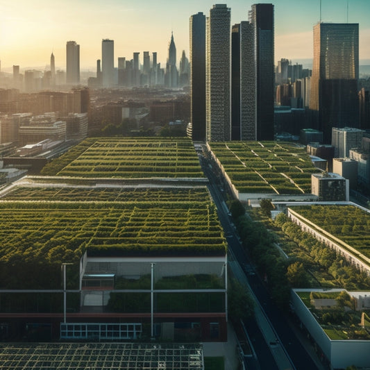 Aerial view of a rooftop hydroponic farm in a bustling city, with lush green leafy crops, trellises, and irrigation systems surrounded by skyscrapers and cityscape in the background.