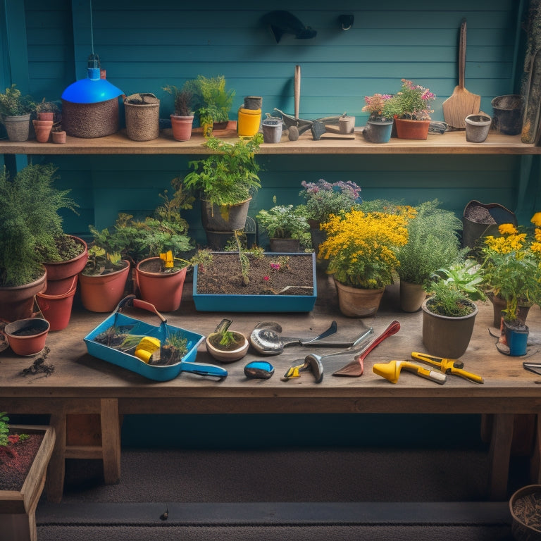 A colorful, well-lit, overhead shot of a spacious workbench with a half-assembled block planter, surrounded by various gardening tools, soil, and blocks in a tidy arrangement.