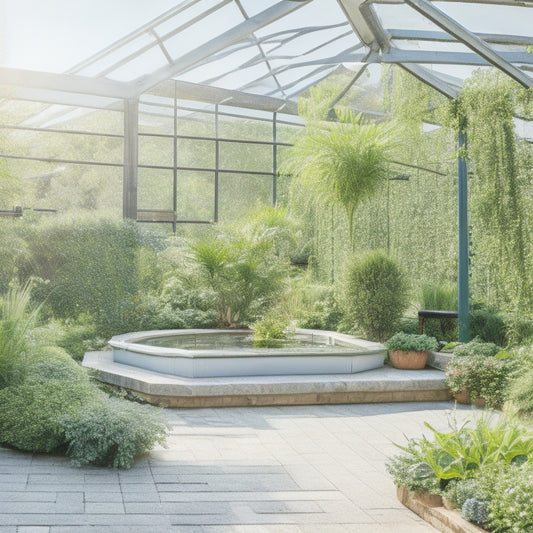 A serene rooftop greenhouse oasis with lush greenery, vibrant flowers, and a small pond surrounded by natural stone, wooden benches, and a trellis, set against a clear blue sky with fluffy white clouds.