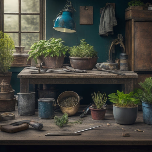 A cluttered workbench with a vintage planter in the center, surrounded by scattered tools like a hammer, level, wire cutters, gloves, and a measuring tape, with a small potted plant in the background.