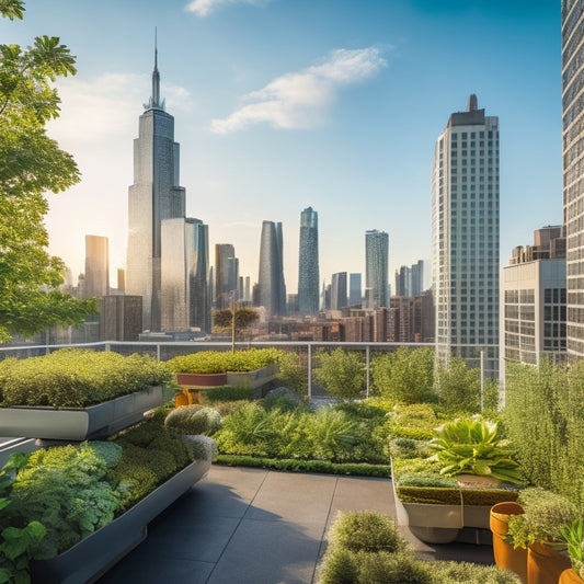 A serene, verdant rooftop hydroponic garden in a bustling urban setting, with lush greenery cascading down sleek, modern planters, surrounded by towering skyscrapers and a bright blue sky.