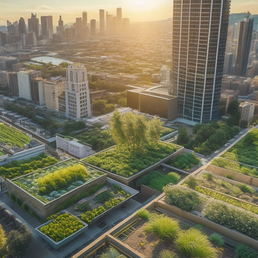 Aerial view of a lush, thriving rooftop garden with various hydroponic systems, including NFT and drip irrigation, amidst a modern cityscape with skyscrapers and bustling streets below.