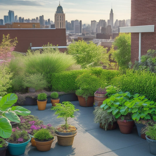 A serene rooftop garden with lush greenery and vibrant flowers, a few pesky insects like aphids and whiteflies visible on leaves, a tiny ladybug and a praying mantis in the corner, hinting at natural pest control.
