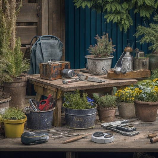 A cluttered workbench with a half-built outdoor planter, surrounded by essential tools: a cordless drill, level, tape measure, wire cutters, and a bucket of screws, against a blurred garden background.