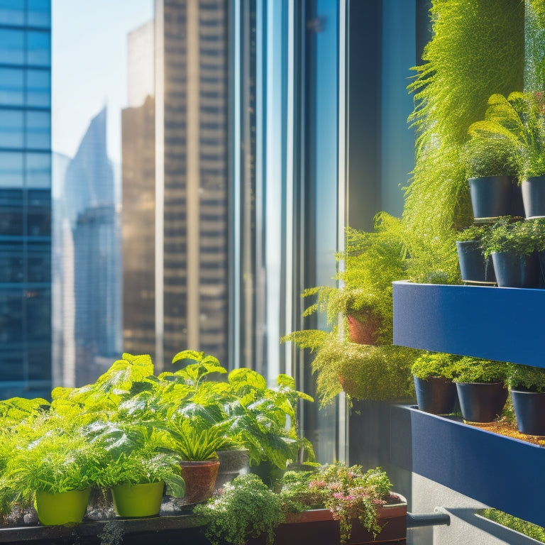 A lush, compact vertical garden on a small city balcony, with leafy green plants cascading down a trellis, surrounded by sleek modern skyscrapers and a bright blue sunny sky.