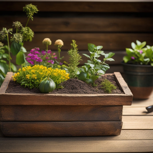 A rustic wooden block planter overflowing with lush green herbs and vibrant flowers, surrounded by scattered organic matter, a miniature gardening tool, and a small bag of natural fertilizer.