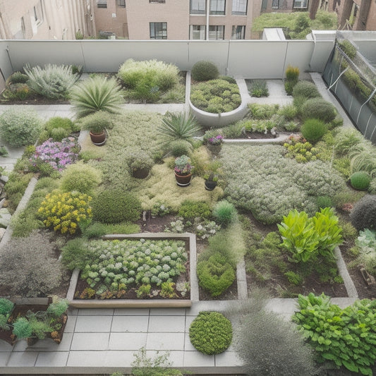 An overhead view of a lush green rooftop garden with a drip irrigation system installed, showcasing emitters, tubing, and connectors amidst vibrant flowers, succulents, and ornamental plants.