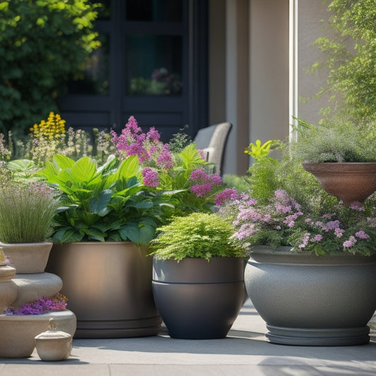 A serene outdoor setting with a mix of modern and traditional corner planters in various shapes, sizes, and materials, surrounded by lush greenery and vibrant flowers, against a warm sunny backdrop.