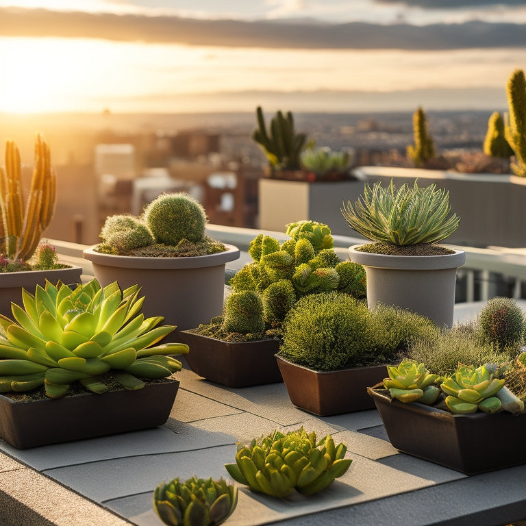 A rooftop garden with a variety of succulents thriving in modern, sleek planters with good drainage, surrounded by a cityscape with a sunny sky and fluffy white clouds.