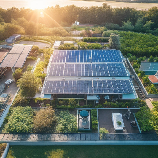 An aerial view of a rooftop with a newly installed irrigation system, showcasing a network of pipes, sprinklers, and sensors amidst lush greenery and solar panels.