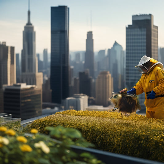 A close-up of a beekeeper in a yellow suit, standing on a rooftop surrounded by skyscrapers, tending to a thriving beehive with blooming flowers and lush greenery in the background.