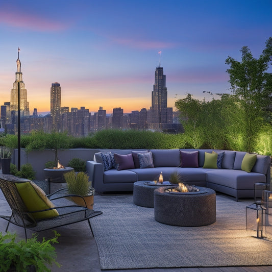 A serene rooftop oasis at dusk, featuring sleek lounge chairs, lush greenery, and a statement fire pit, surrounded by a chic glass railing and a vibrant cityscape in the background.