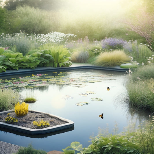 A serene rooftop garden with lush greenery, vibrant wildflowers, and native plants, featuring a small pond with a few water lilies, surrounded by a diverse range of birds, bees, and butterflies.