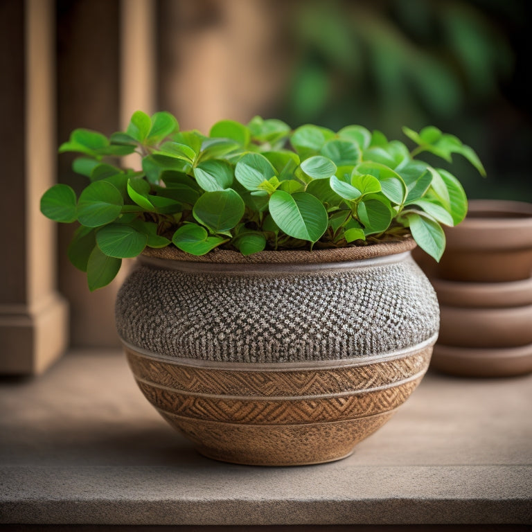 An elegant, rustic cinder planter with a curved, wavy lip, surrounded by lush greenery, and adorned with small, white pebbles and a delicate, winding vine.