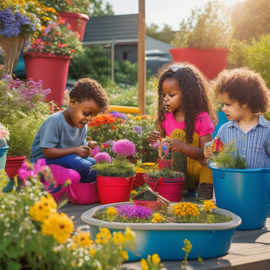 A vibrant rooftop garden scene with colorful flowers, butterflies, and a few kids (ages 4-8) excitedly playing with watering cans, gardening tools, and a miniature wooden bridge amidst lush greenery.