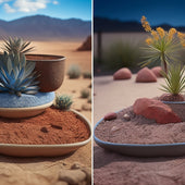 A split-screen illustration of a DIY planter with a well-draining layer of rocks and sand at the bottom, contrasted with a planter without, showcasing the difference in soil settlement.