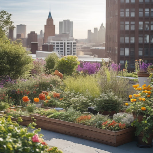 A vibrant cityscape rooftop garden with lush greenery, colorful flowers, and thriving vegetables, featuring a mix of planters, trellises, and vertical gardens, with a subtle bee and butterfly presence.