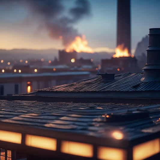 A charred and smoldering rooftop with flames licking the edges, surrounded by blackened vents, chimneys, and skylights, with a faint glow of embers under the tiles.