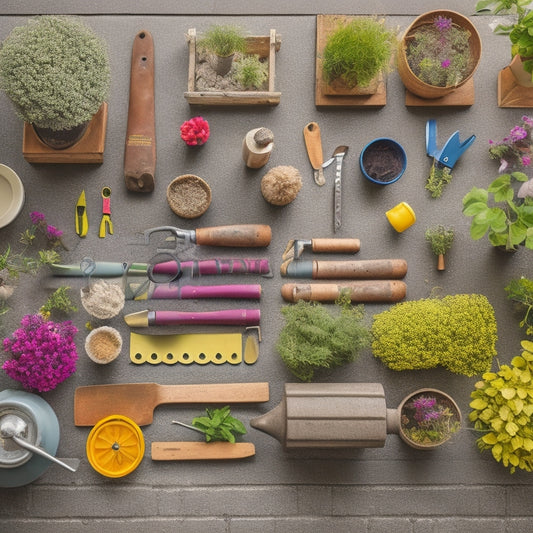 A colorful, overhead shot of a gardening table with various block planters, gardening gloves, and toolsets, including a trowel, pruners, and cultivator, arranged in a neat and organized manner.